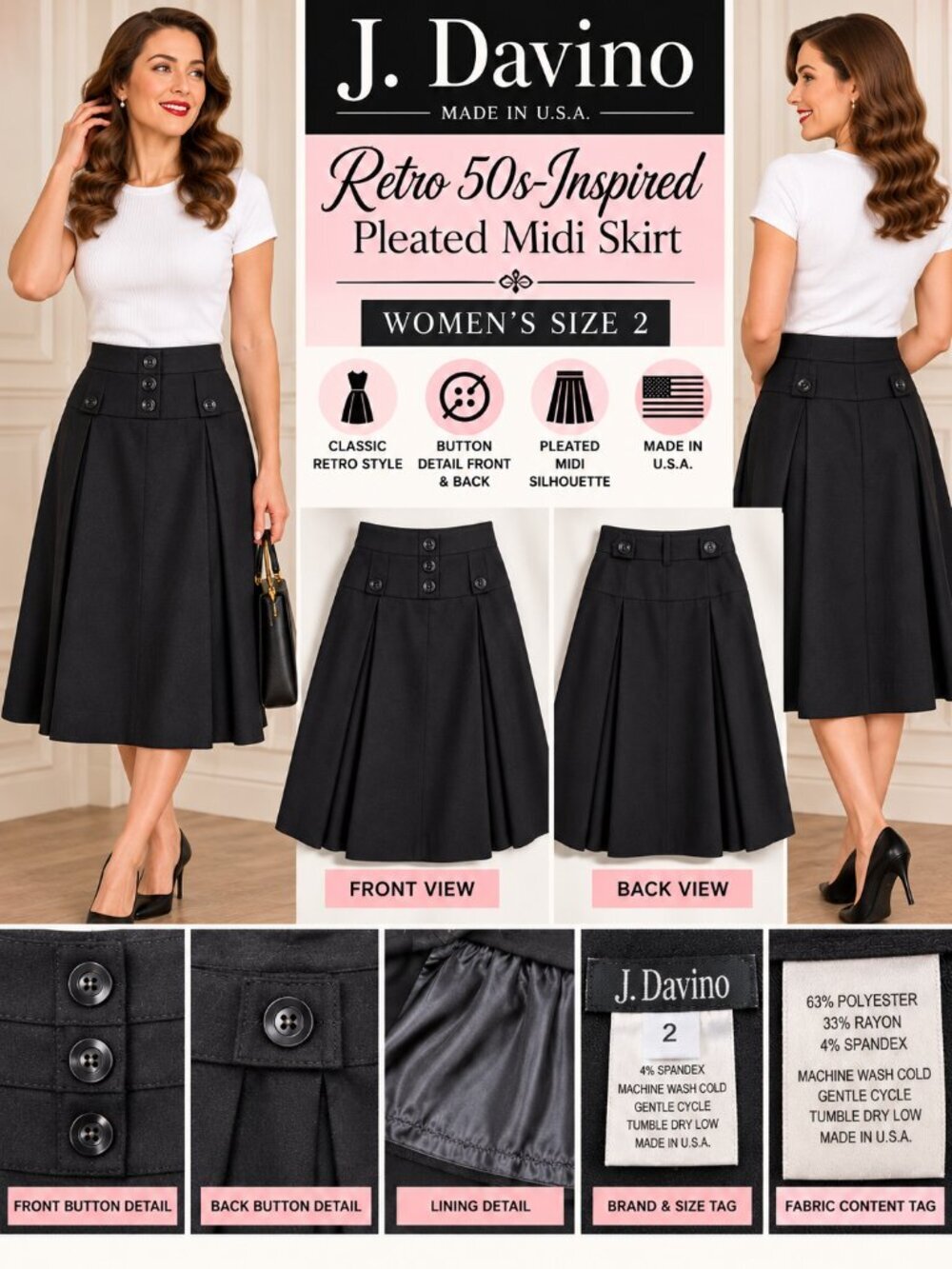 J. Davino Women’s Size 2 Black Pleated Midi Skirt Retro 50s Style Made USA